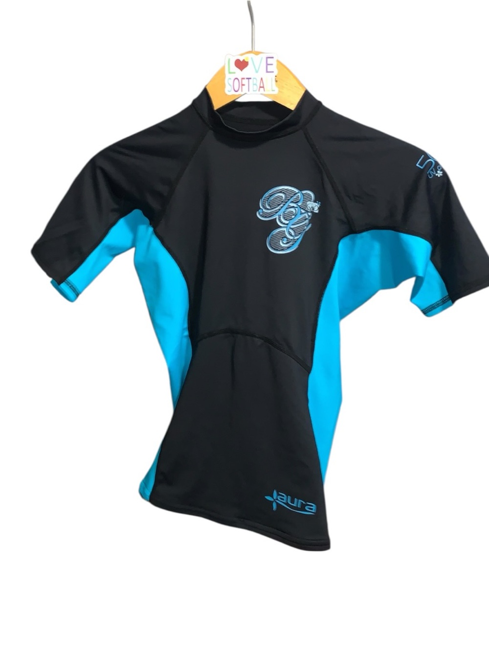 Body Glove Aura Rash Guard Youth Kids Medium Blue Black 50 SPF UV Short Sleeve